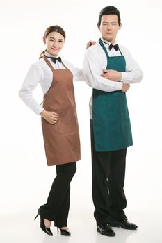 Wear all sorts of apron waiter standing in white background