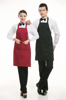 Wear all sorts of apron waiter standing in white background