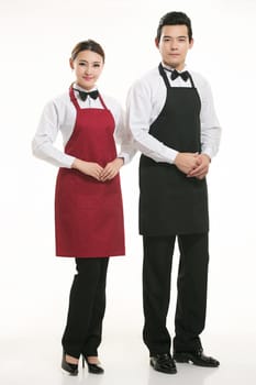 Wear all sorts of apron waiter standing in white background