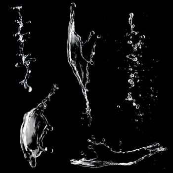 Water splashes collection isolated on black background