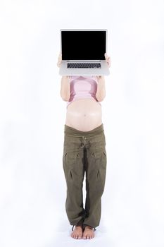 computer pc portable blank screen in woman hands eight month pregnant woman naked paunch  isolated over white background