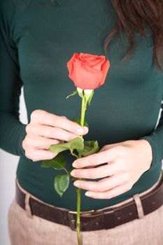 detail of woman green sweater with red rose flower in her hands
