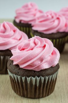Chocolate flavored cupcakes frosted with pink buttercream frosting.