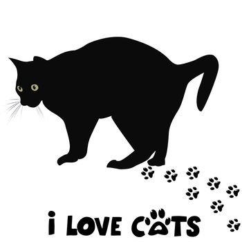 I love cats card with black cat silhouette and paws print