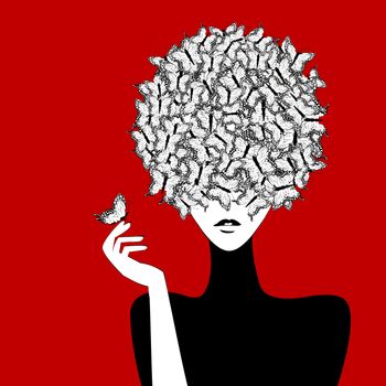 Stylized woman wiith butterflies hairstyle on red background
