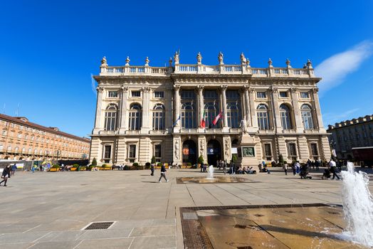 TURIN, ITALY - APRIL 2, 2015: Detail of Palazzo Madama (Madama Palace) 1718 - 1721 in Piazza Castello, Turin (Torino) Piemonte, Italy. UNESCO world heritage site