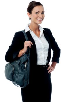 Smiling business woman holding a handbag