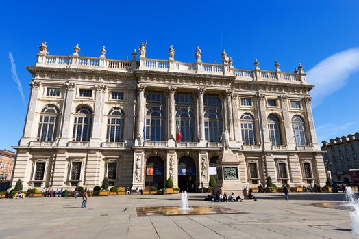 TURIN, ITALY - APRIL 2, 2015: Detail of Palazzo Madama (Madama Palace) 1718 - 1721 in Piazza Castello, Turin (Torino) Piemonte, Italy. UNESCO world heritage site