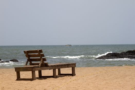 Plank bed  on a beach. India Goa