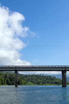 bridge across river with mountain blue sky