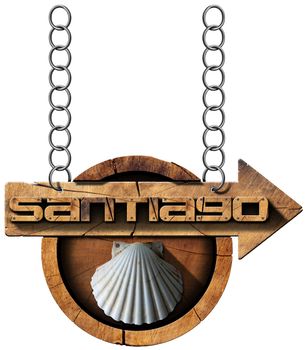 Pilgrimage wooden sign of Santiago de Compostela (Camino de Santiago) with an arrow and seashell. Hanging from a metal chain and isolated on white background