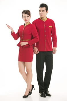 Wear clothing occupation Chinese waiters in white background