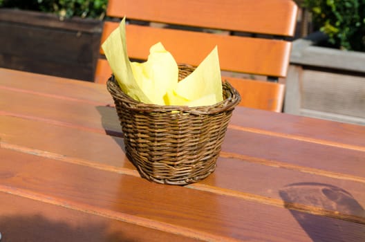 Bun or bread basket on a brown table.