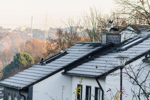 Roofs by two houses covered with hoarfrost.