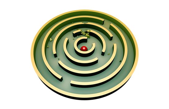 The red ball in the middle of a round turquoise maze.
3d image (isolated white background).