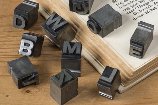 Old lead ink printing type from a book printing company. Historical metal letters from an old printing machine. Created and used in Netherlands in the middle of the last century.
