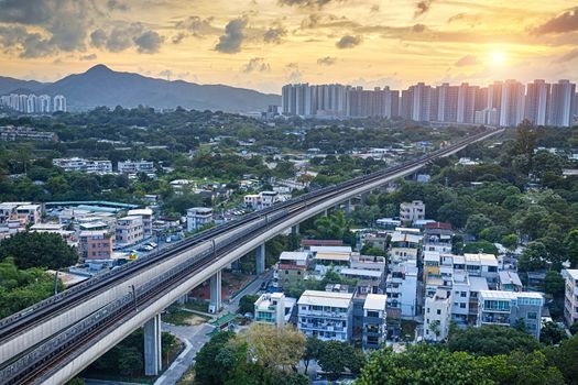 Long Ping, hong kong urban downtown and sunset speed train at night