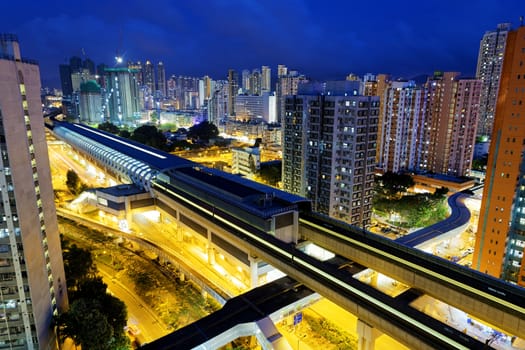 Long Ping, hong kong urban downtown and high speed train at night