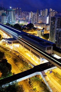 Long Ping, hong kong urban downtown and high speed train at night