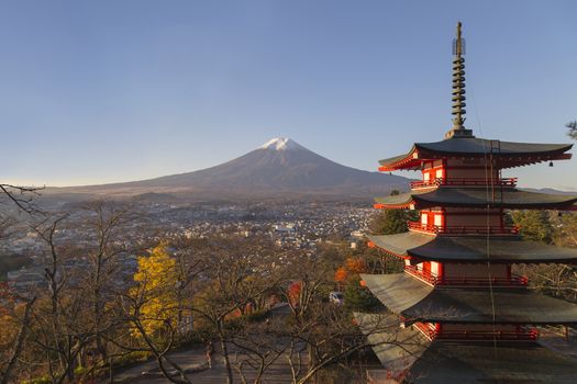 This photo was shot from the area around Mt.Fuji in Autumn. It is time to start snow cap on the top of Mt.Fuji. Chureito pagoda in one of the most famous to visit.