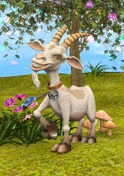 3D digital render of a happy cartoon goat on a fantasy garden background