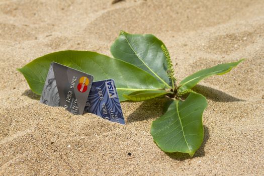 Credit card lying on the sand beach. India Goa.