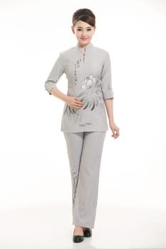 Wear clothing occupation Chinese waiters in white background