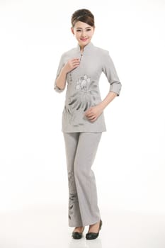 Wear clothing occupation Chinese waiters in white background