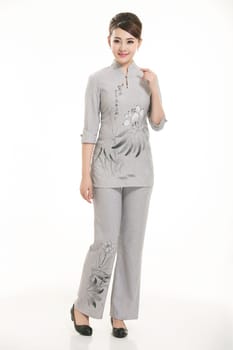 Wear clothing occupation Chinese waiters in white background