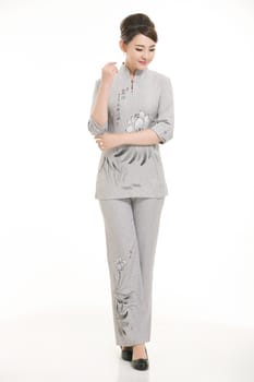 Wear clothing occupation Chinese waiters in white background