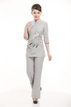 Wear clothing occupation Chinese waiters in white background