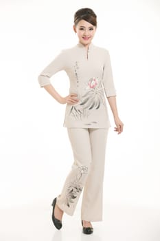 Wear clothing occupation Chinese waiters in white background