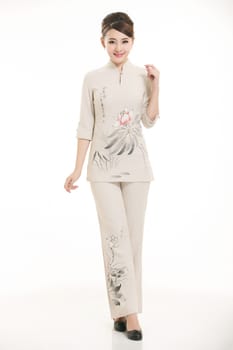 Wear clothing occupation Chinese waiters in white background