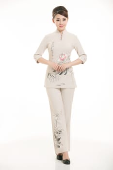 Wear clothing occupation Chinese waiters in white background
