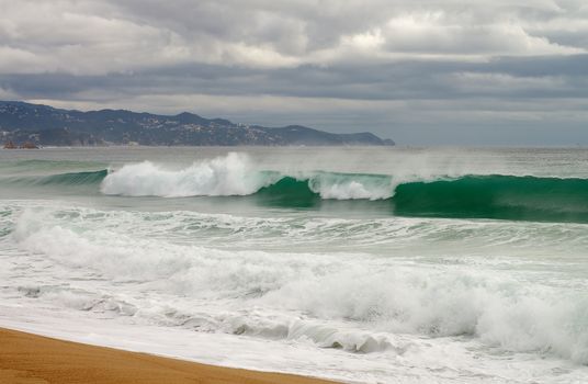 Seacoast with Sand and Powerful Waves on Mediterranean Shore, Spain