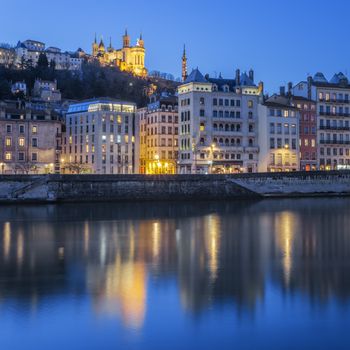 View of Lyon with Saone river by night, France.