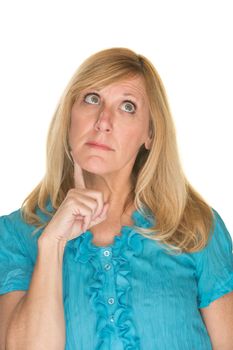 Woman with finger on chin considering something