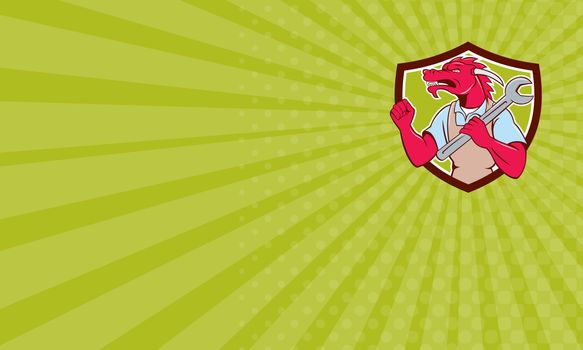 Business card showing illustration of a red dragon mechanic facing side holding spanner on shoulder making fist pump set inside shield crest on isolated background done in cartoon style. 
