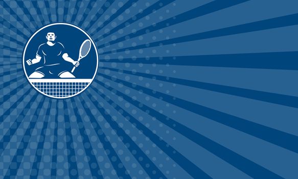 Business card showing icon illustration of a tennis player with racquet fist pumping set inside circle flames on isolated background done in retro style.