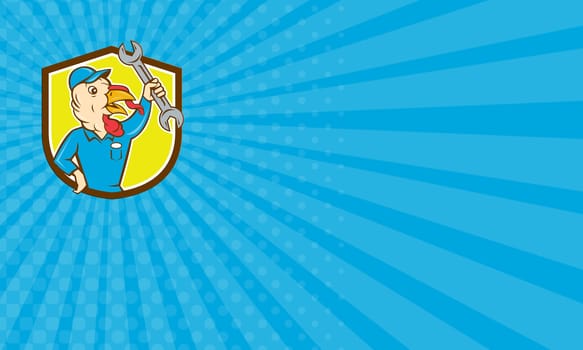 Business card showing illustration of a wild turkey mechanic holding clutching spanner set inside shield crest done in cartoon style on isolated background.