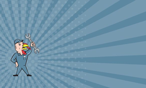 Business card showing illustration of a wild turkey mechanic standing holding clutching spanner looking to the side set done in cartoon style on isolated white background.