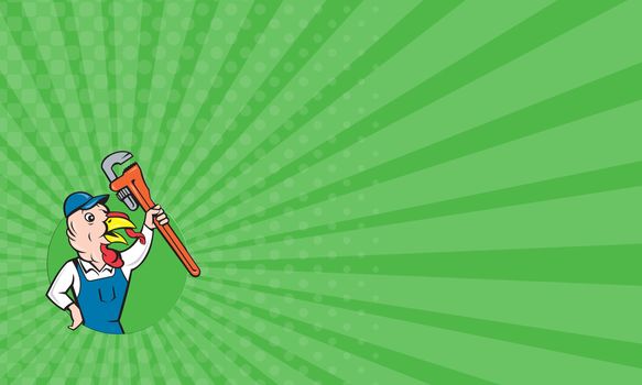 Business card showing illustration of a wild turkey plumber holding clutching monkey wrench looking to the side set inside circle done in cartoon style on isolated background.