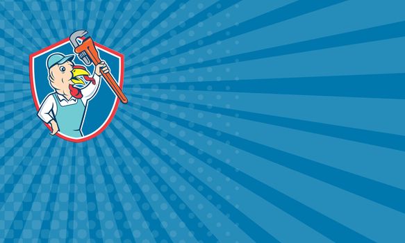 Business card showing illustration of a wild turkey plumber holding clutching monkey wrench looking to the side set inside shield crest done in cartoon style on isolated background.