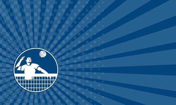 Business card showing icon illustration of a volleyball player spiker spiking hitting ball set inside circle on isolated background done in retro style.