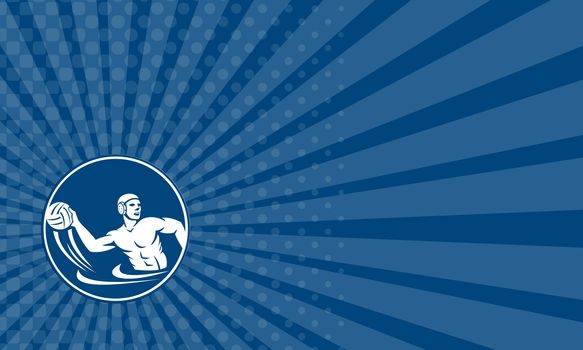Business card showing icon illustration of a water polo player throwing ball set inside circle on isolated background done in retro style.