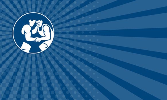 Business card showing icon illustration of wrestlers wrestling set inside circle on isolated background done in retro style.