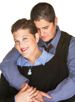 Smiling lesbian female held by partner from back