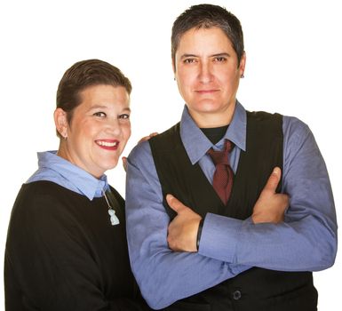 Short and tall lesbian couple over isolated white background