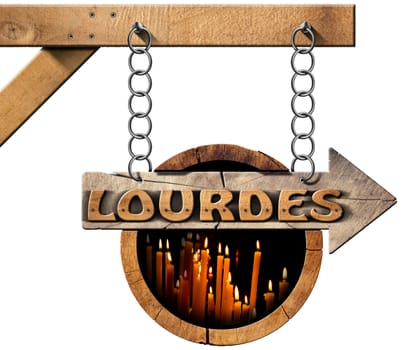 Pilgrimage wooden directional sign of Lourdes with an arrow and votive candles. Hanging from a metal chain on a pole and isolated on white background