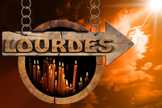 Pilgrimage wooden directional sign of Lourdes with an arrow and votive candles. Hanging from a metal chain at sunset with clouds and sun rays